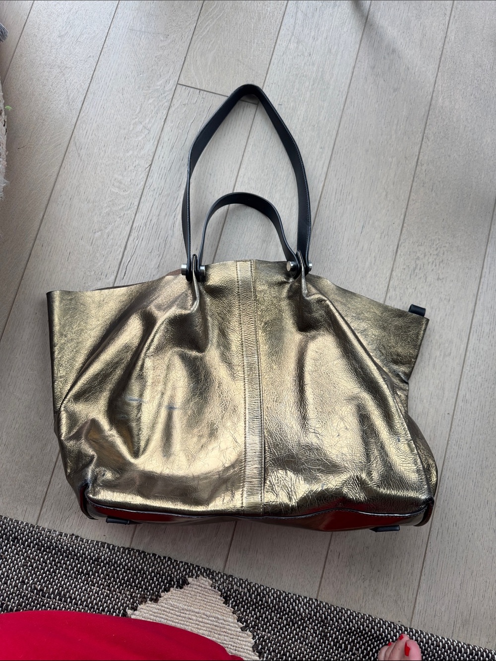 All Saints Metallic Gold Tote Bag with two Black Handles
